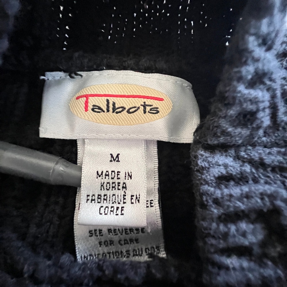 Talbots Cable Knit Sweater Womens M Black Mock Neck Cotton Pullover Classic - Picture 4 of 11